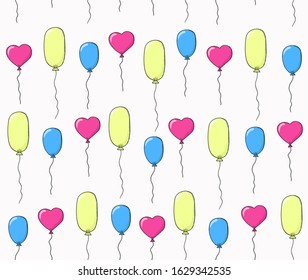 Balloons different shapes seamless pattern. Colored doodle hand-drawn design for birthday, Valentine's Day banners, postcards, packaging. Stock vector illustration isolated on transparent background.