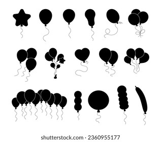 Balloons of different sizes and shapes. Silhouette image. Festive decorations. Vector drawing. Collection of design elements.