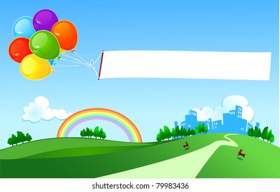 Balloons dragging a banner above the meadows, vector