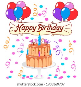 Balloons drawings  in cartoon flat drawing of a festive cake on a dish with one burning candle on a white isolated background. Vector set of balloons for the holiday, birthday, decoration