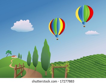 Balloons drifting over a vineyard in Napa