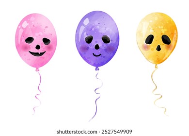 Balloons with faces for Halloween design. Vector watercolor illustration.