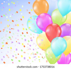 balloons and falling confetti over sky  background 