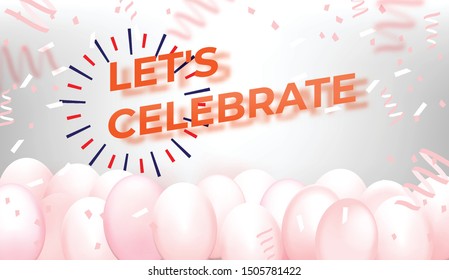 Balloons with firecracker and confetti on gray background
