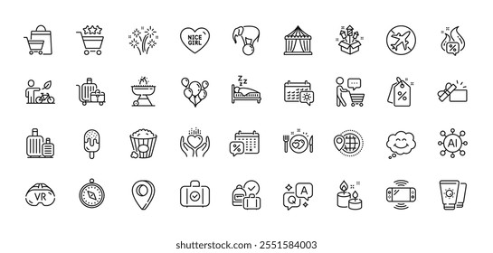 Balloons, Fireworks rocket and Smile line icons pack. AI, Question and Answer, Map pin icons. Airplane mode, World travel, Baggage cart web icon. Vector