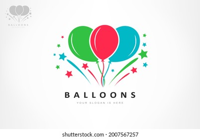 Globos y vectores de fuegos artificiales. Logo de vacaciones.