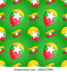 Balloons with the flag of Myanmar on a green background. Seamless pattern for printing 