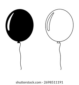 Globos en un estilo plano de la historieta aislado en un fondo blanco. Estilo y contorno de silueta negro. Ideal para diseños de cumpleaños, marca de eventos y decoraciones