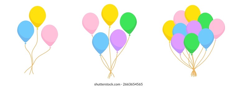 Balões em estilo plano clip art, conjunto de balões. Ilustração vetorial de aniversário com quantidade diferente de balões coloridos em estilo simples
