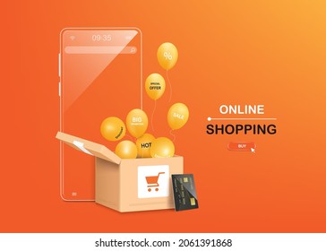 ิYellow balloons floated out of a parcel box with a black credit card leaning against it and there is a clear glass smartphone on the back for the online shopping concept,vector3d on orange background