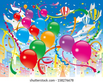 The balloons floating in a blue sky 