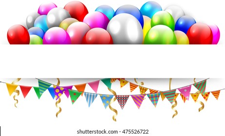 Balloons floating and triangle bunting flags with text space