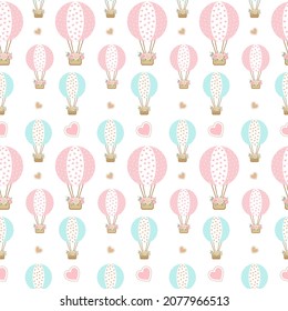 Balloons, flowers and hearts. Seamless pattern in cute childish flat style. Vector illustration. Template for congratulations, scrapbooking, congratulations, invitations, planner, diary, notes.