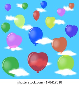 balloons fly away in the sky with clouds