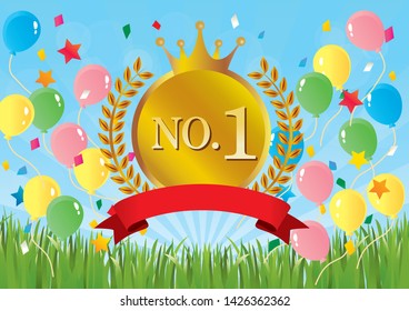 Balloons fly to the blue sky and grass and number one plate shines