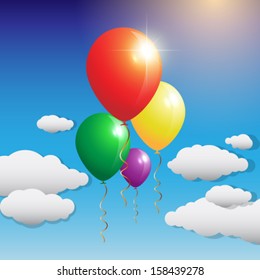 Balloons fly over the clouds in the sky vector illustration