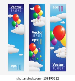 Balloons fly over the clouds in the sky design banner set vector illustration