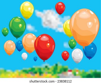 balloons flying in landscape