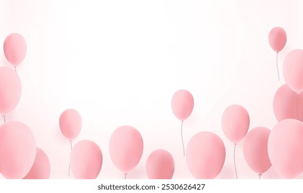 Balloons flying on a pink background. Vector banner with love symbols for Happy Women, Mother, Valentine's Day, Happy Birthday. Design of greeting cards, invitations. Vertical backgrounds