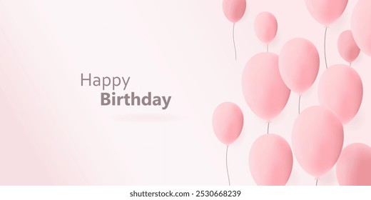 Balloons flying on a pink background. Vector banner with balloons and an inscription to Happy birthday. Design of greeting cards, invitations. Vertical backgrounds for websites