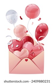 Balloons flying out of a envelope on a white background. Suitable for designing banners, greeting cards, posters, flyers for Valentine's Day, Mother's Day, etc.