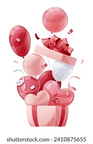 Balloons flying out of a gift box on a white background. Suitable for designing banners, greeting cards, posters, flyers for Valentine's Day, Mother's Day, etc.