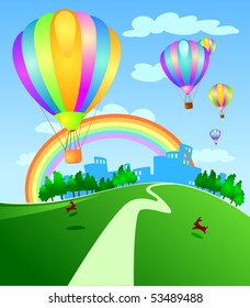 Balloons flying over the city, vector