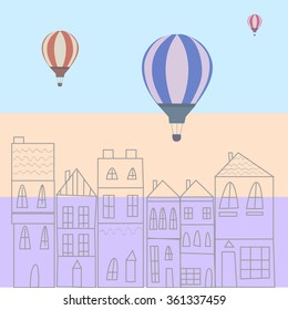 balloons flying over the hand drawn city vector illustration