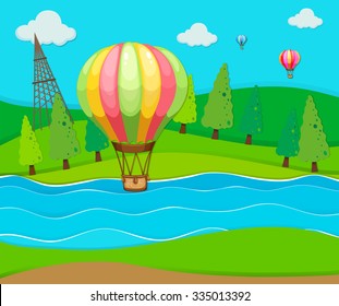 Globos volando sobre la ilustración del río