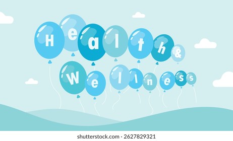Balloons flying in the sky with Health wellness and mental being illustration.