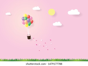 Balloons flying to the sky with little heart, Love valentine, Paper layer cut, Craft vector  