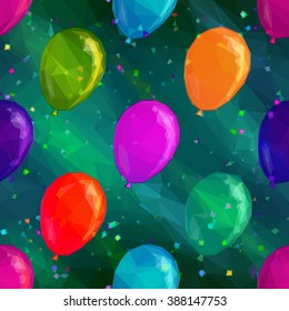 Balloons Flying in Space with Confetti, Low Poly Pattern, Colorful Background. Vector