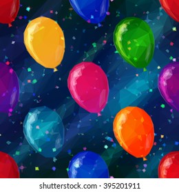 Balloons Flying in Space with Confetti, Low Poly Pattern, Colorful Background. Vector
