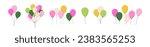 Balloons flying up. Air baloons groups, festive decorations floating. Decorative helium ballons bunches on strings. Birthday party decor. Flat vector illustrations isolated on white background.