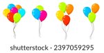 Balloons flying up. Air baloons groups, festive decorations floating. Baloons bunches, bundles. Festive decorations floating, soaring. Helium ballons decor on strings.