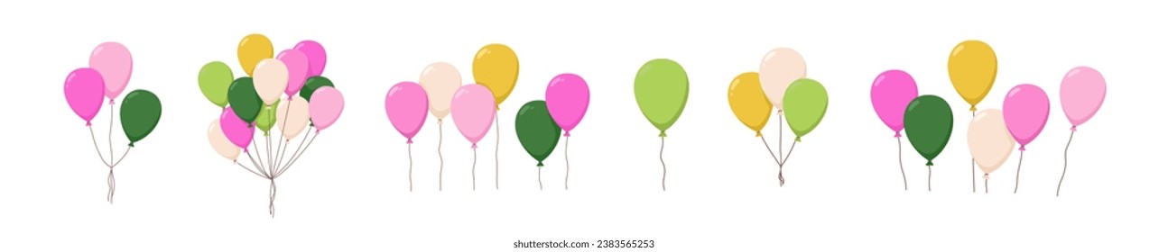 Balloons flying up. Air baloons groups, festive decorations floating. Decorative helium ballons bunches on strings. Birthday party decor. Flat vector illustrations isolated on white background.