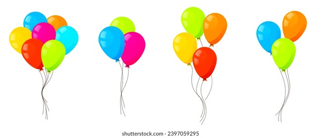 Balloons flying up. Air baloons groups, festive decorations floating. Baloons bunches, bundles. Festive decorations floating, soaring. Helium ballons decor on strings.