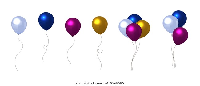 Balloons flying up. Air baloons groups, festive decorations floating. Baloons bunches, bundles. Festive decorations floating, soaring. Helium ballons decor on strings.