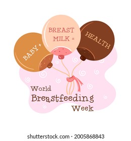 Balloons in the form of female breasts, different skin tones. The concept for the natural feeding of the child, by women all over the world. World Breastfeeding Week. Vector isolated.