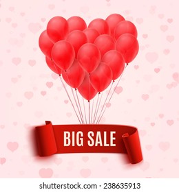 Balloons in form of heart holding big sale red banner. Vector illustration