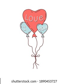 Balloons in the form of a heart with the phrase I love you on a white isolated background. Vector hand drawn illustration.