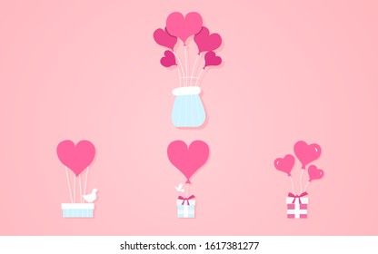 Balloons in the form of hearts, gift box vector illustration on a pink background