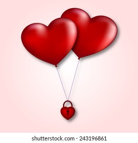 balloons in the form of loving hearts fixed on the padlock (Valentine's Day)