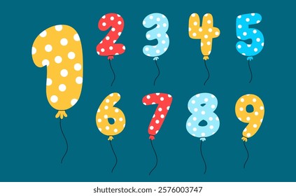 balloons in the form of numbers for children's birthday or study. Funny numbers in yellow, blue and red colors with a polka dot pattern.