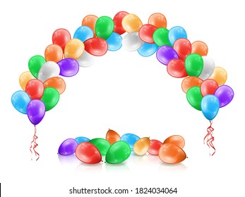 Balloons frame, arch or garland, multicolor balloons on floor isolated on white. Vector color decorative arc, objects to decorate ceremonies, birthday parties or celebrations, Valentines day holiday