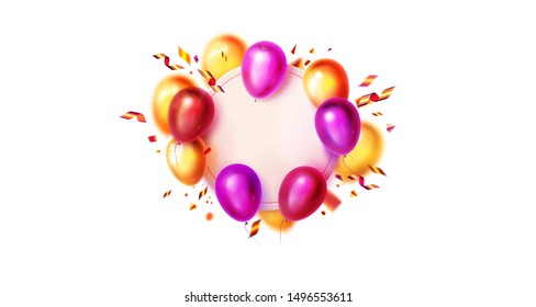 Balloons frame vector background. Red, yellow, pink balloons, confetti, streamers. Isolated. Round frame and decoration. A birthday party, an anniversary celebration, new year or Christmas sale banner