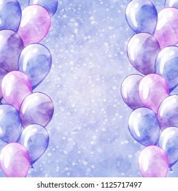 Balloons frame. Vector sparkle background with watercolor texture