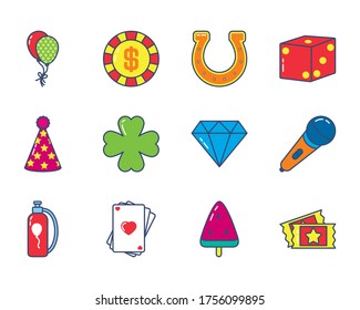 globos y juego de iconos de juego sobre fondo blanco, estilo de línea y relleno, ilustración vectorial