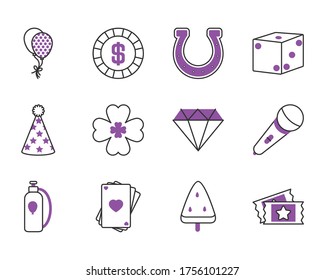 balloons and gambling icon set over white background, half line half color style, vector illustration
