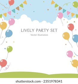 Balloons, garland and confetti dancing in the refreshing blue sky. lively party set